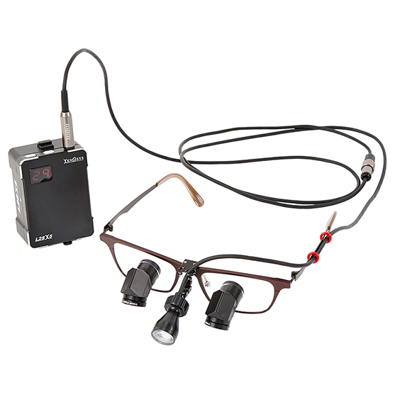 Xenosys L2SX5 Portable LED Surgical Headlight mounted on ergo loupes